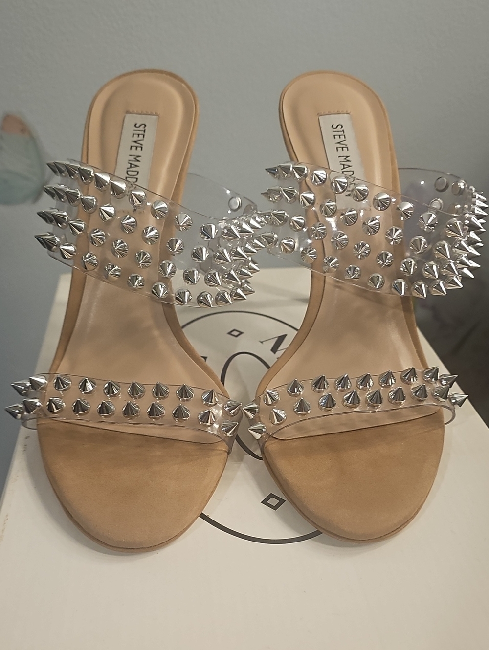 Steve Madden Nude Footbed Clear Studded Slide Mules